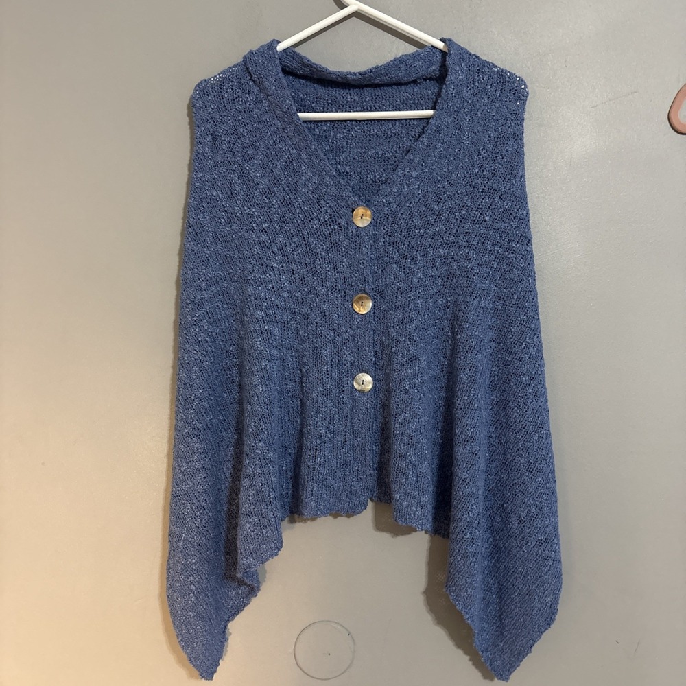 V Neck Blue Sweater Poncho Knitwear Casual Pullover Shawl Top Women